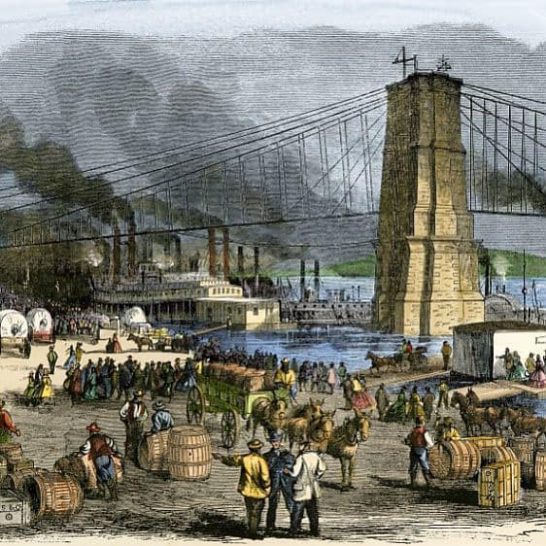 Riverboats loading at the Ohio River levee in Cincinnati, Ohio, 1860s.
Hand-colored woodcut of a 19th-century illustration